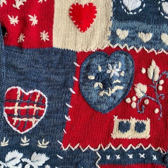Vintage 90s Red Navy Blue Cardigan Round Neck Heart Floral Bright Pattern Knit - Picture 7 of 12